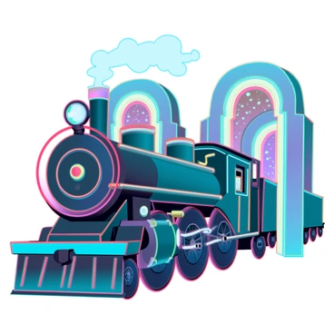 A vintage steam train with a dark green exterior and intricate brass detailing is depicted as it travels through glowing portals. Each portal shimmers with unique colors, representing different eras, such as a sepia-toned portal for the early 1900s, a vibrant psychedelic portal for the 1960s, and a futuristic metallic portal suggesting a time yet to come. The train emits a plume of white steam that mixes with the light from the portals. The scene is set against a starry night sky, emphasizing the train's journey through time.