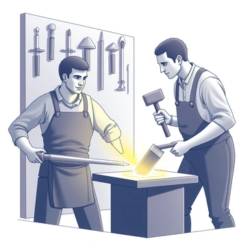 Two blacksmiths are engaged in the process of crafting a sharp sword at a forge. One blacksmith is standing at the anvil, using a hammer to shape the glowing metal, while the other is positioned nearby, holding a pair of tongs to steady the hot ingot. The forge emits an intense glow, illuminating their focused expressions and the tools scattered around them. In the background, a wall displays various tools and weapons, showcasing their craftsmanship. The atmosphere is filled with the sounds of metal striking metal and the occasional hiss of steam.