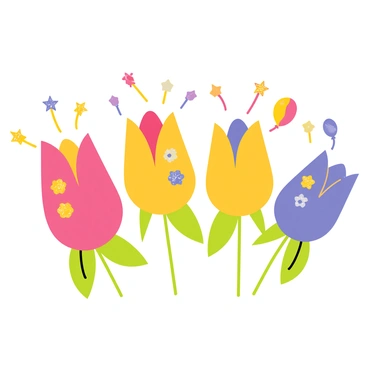 An illustration of several flower buds in various colors, such as pink, yellow, and purple. The flower buds are adorned with tiny colorful festive decorations, including glittering stars, miniature balloons, and tiny bows. Some buds are slightly open, revealing vibrant petals, while others remain tightly closed. The composition includes green leaves surrounding the buds, adding to the lively atmosphere, and each decoration glimmers, enhancing the celebratory theme.
