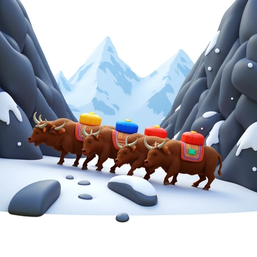 A group of yaks loaded with colorful goods traversing a narrow mountain pass. The yaks have thick, shaggy fur and sturdy legs, navigating the rugged terrain. Snow covers the ground, creating a stark contrast with the dark rocks of the mountains surrounding them. In the background, towering snow-capped peaks rise into the sky, while a light snowfall adds a touch of movement to the scene. Each yak is adorned with traditional decorative blankets and harnesses.