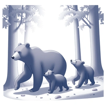 Three bears walking side by side on a forest path. The first bear is larger with a prominent snout, while the second bear is slightly smaller and has a playful demeanor, and the third bear is the smallest with round ears. The bears are surrounded by tall trees with textured bark and lush foliage above them. Sunlight filters through the leaves, casting intricate shadows on the forest floor, which is covered with fallen leaves and small rocks. The bears are in a relaxed posture, enjoying their time together in the serene environment.