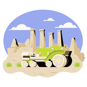 The ancient ruins of Hampi feature a landscape of weathered stone structures and temples scattered across a rocky terrain. In the foreground, a detailed stone chariot with intricately carved wheels and ornate decorations is prominently displayed. Surrounding the chariot, several ancient pillars rise, showcasing their historical significance. Above, a vibrant blue sky stretches, with a few fluffy white clouds drifting. The overall scene captures the majestic essence of Hampi's architectural heritage.