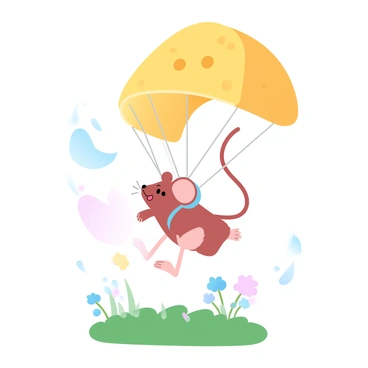 A small mouse is attached to a cheese-shaped parachute, with its tiny legs dangling below. The parachute is bright yellow with a textured surface resembling Swiss cheese, complete with holes. The mouse appears eager and energetic, with its body slightly tilted as it descends through the air. Below, a grassy landscape sprawls out, dotted with colorful wildflowers. The sky above is painted in soft gradient pastel colors, transitioning from light blue to a warm peach tone.