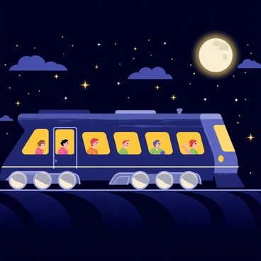 A magical train with a sleek, elongated body is traveling through a dark starry night. The train's exterior is a deep midnight blue, adorned with shimmering silver accents. Its windows are glowing warmly in shades of yellow and orange, illuminating the faces of the passengers inside. Each window showcases silhouettes of people gazing out at the vast expanse of twinkling stars and a full moon. Clouds are softly drifting by in the background, adding to the enchanting atmosphere of the scene. The train is set upon a winding track that glimmers under the moonlight, enhancing the feeling of motion through the enchanting night.