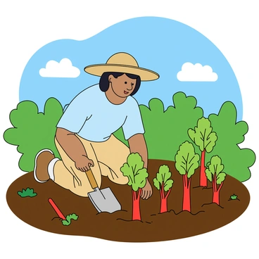 A gardener with medium skin tone and short black hair is kneeling on the ground, planting young rhubarb seedlings in rich, dark soil. The rhubarb seedlings have green leaves with a hint of red at the base. The gardener is wearing a light blue t-shirt and a wide-brimmed straw hat to shield from the sun. Nearby, a small spade lies half-buried in the soil. In the background, there are a few fluffy white clouds scattered across a bright blue sky. The scene is vibrant, showcasing the lush green of the garden around the gardener.