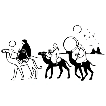 Three Wise Men on camels traveling through a vast desert landscape. The men are adorned in flowing robes, carrying ornate gifts like gold, frankincense, and myrrh. The camels are equipped with decorative saddles and are plodding through soft dunes. The sun is setting in the background, casting long shadows across the sand, while a distant silhouette of Bethlehem emerges on the horizon. A few scattered stars begin to twinkle above in the night sky.