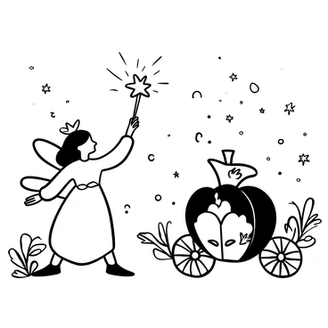 A fairy godmother with flowing robes is waving her wand, sending sparkling stars and swirling sparkles into the air. In front of her, there is a pumpkin starting to change, with sections of it transforming into a grand carriage. There are wisps of smoke and light surrounding the transformation, emphasizing the magical moment. The background features a softly drawn landscape, with trees and a twinkling night sky filled with small stars.