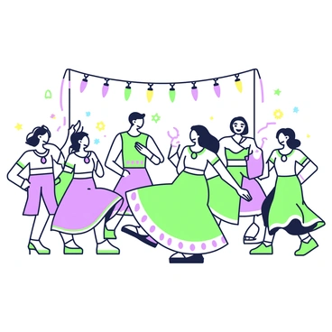 A group of people is dancing energetically in a circle during a Dandiya night. Each dancer is dressed in traditional attire, with vibrant colors and embellishments. They are holding colorful sticks, moving them in rhythm to the music. String lights are draped overhead, illuminating the scene with a warm glow. The ground is adorned with colorful decorations, enhancing the festive atmosphere. Some individuals are smiling and interacting, while others are focused on their movements, showcasing a sense of joy and celebration.