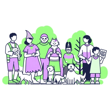 A group of visitors is gathered in a park, each holding their pets. Some pets are small dogs and cats, while others are larger breeds. Several pets are dressed in costumes that resemble characters from popular illustrations. One small dog is in a superhero cape, standing proudly next to its owner. A cat wears a colorful wizard hat, with sparkles and stars adorning its outfit, while its owner smiles nearby. Another dog is dressed as a pirate, complete with an eye patch and a small hat, sitting next to a child holding a treasure map. In the background, there are trees and benches where other visitors are watching the scene unfold.