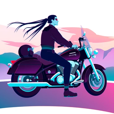 A biker with a rugged appearance, wearing a black leather jacket and a helmet resting beside him, is sitting on a glossy black motorcycle. The motorcycle has chrome accents and is parked on a winding road. The sunset casts orange and pink hues across the sky, illuminating the distant mountains and reflecting on the motorcycle's surface. The biker gazes into the horizon, absorbing the beauty of the landscape, with strands of his long hair blowing gently in the breeze.