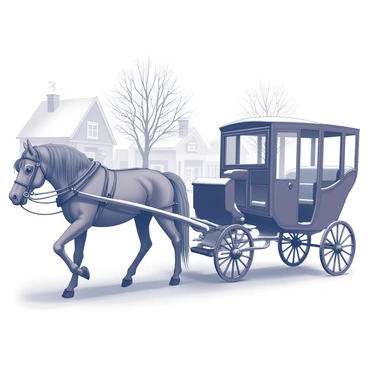 A horse-drawn carriage is moving along a snow-covered street. The carriage is composed of dark wood, featuring ornate details and a closed cabin. A large brown horse is harnessed to the carriage, its breath visible in the cold air. Snowflakes are gently falling from the sky, accumulating on the ground and on the carriage. In the background, there are trees with bare branches, their tips dusted with snow, and quaint buildings lining the street, with smoke rising from chimneys. The scene conveys a sense of a chilly winter day.