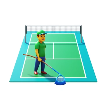 A groundskeeper cleaning the badminton court in preparation for an upcoming match.