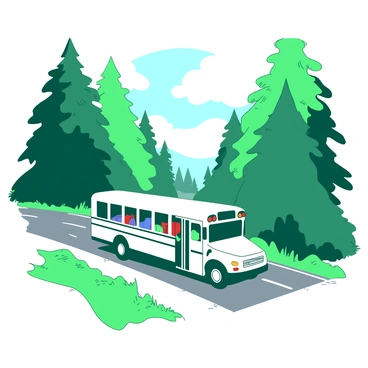 A white school bus is driving down a narrow road that is flanked by tall green pine trees. The bus is in motion, with its doors slightly open and a few colorful backpacks visible inside. The road is lined with patches of grass peeking through the edges, and the sunlight filters through the branches, casting dappled shadows on the asphalt. In the distance, the trees create a natural archway, framing the bus as it travels forward.