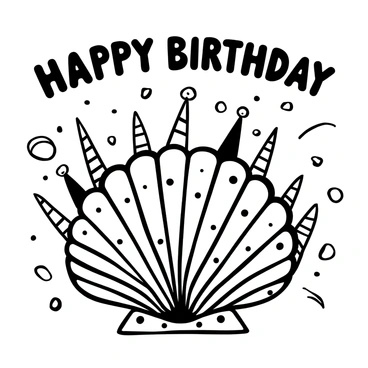 A scallop shell positioned centrally on a birthday card with intricate designs and patterns etched onto its surface. Surrounding the scallop shell are various festive decorations, including streamers and party hats. The words "Happy Birthday" are prominently displayed at the top of the card in bold lettering. Small confetti pieces scatter around the shell, enhancing the celebratory theme.