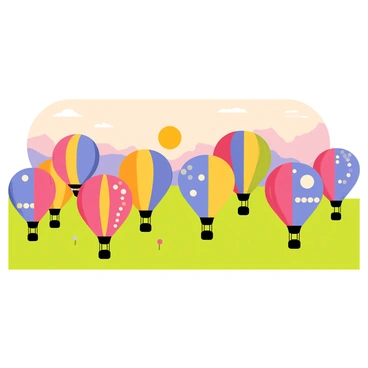 A field filled with colorful hot air balloons of various shapes and sizes, all positioned on a green grassy area. The sky is painted in soft shades of orange, pink, and purple as the sun rises on the horizon. Each balloon features distinct bright patterns, including stripes and polka dots. In the background, silhouettes of distant hills are visible, contrasting against the colorful scene. Some balloons have their burners lit, creating a warm glow, while others are still deflated on the ground, waiting for the perfect moment to take off.