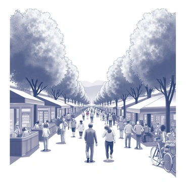 A lively boulevard in Grenoble filled with pedestrians engaged in various activities. Tall trees line both sides of the street, providing shade and creating a natural canopy. The path is bustling with people walking, some carrying bags, while others are seated at outdoor cafes enjoying their drinks. Visible storefronts display an array of goods, contributing to the vibrant atmosphere. In the background, a few bicycles are parked against the trees, and a distant view of the mountains can be seen.