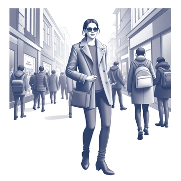 A vibrant street scene filled with people walking and interacting. In the foreground, a person stands confidently, wearing a "Loewe jacket" that has a distinct design, characterized by its unique silhouettes and textures. The individual has "trendy accessories" such as a stylish bag slung over one shoulder and fashionable sunglasses perched on their head. The background is detailed with various shops and urban elements, creating a lively atmosphere. People in the scene showcase a mix of styles, contributing to the dynamic street fashion environment.