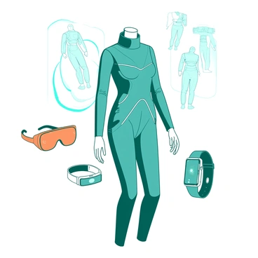 A teal futuristic garment is displayed on a white mannequin. The outfit features sleek lines and integrated LED lights that pulse softly, creating a modern aesthetic. Surrounding the mannequin are various interactive tech accessories, including a pair of orange augmented reality glasses and a white smartwatch with a holographic interface. In the background, there are holographic designs of the garments floating, showcasing different color variations and styles. The setting is minimalistic, emphasizing the innovative nature of the fashion technology.