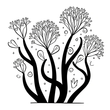 A black-and-white illustration of stylized fennel plants, featuring long, flowing lines and intricate details. The fennel plants are arranged in a dynamic composition, with their feathery fronds and bulbous bases clearly defined. The background is filled with subtle patterns that complement the shape of the plants, enhancing their elegant form. The overall design embodies the ornate characteristics associated with Art Nouveau, emphasizing the natural beauty of the fennel.
