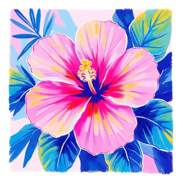 A large pink hibiscus flower has its petals open wide, displaying a rich gradient of pink hues. The petals have a slight sheen, showing delicate veins running through them. In the center of the flower, bright yellow stamens emerge, contrasting with the pink. Surrounding the flower are lush green leaves, adding vibrancy to the scene. The background includes soft blurred hints of other tropical foliage, enhancing the tropical feel.