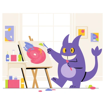 A purple Gengar is standing in a bright art studio, holding a paintbrush with its tiny hands. The Gengar is focused on a canvas, which features a colorful abstract painting filled with swirls of red, blue, and yellow. Bright paint splatters cover the floor around it, and various art supplies, including tubes of paint and brushes, are scattered on a nearby table. The walls of the studio are adorned with other pieces of vibrant artwork, showcasing a variety of styles and colors. A large window lets in sunlight, illuminating the lively atmosphere of creativity.