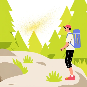 A confused outdoor hiker stands on a rugged trail surrounded by trees and rocks. A swirling cloud of yellow pollen hovers around the hiker, creating a vibrant contrast against the green foliage. The hiker is wearing a bright blue backpack and a red cap, with a puzzled expression on their face. Sunlight filters through the trees, highlighting the floating pollen particles in the air.