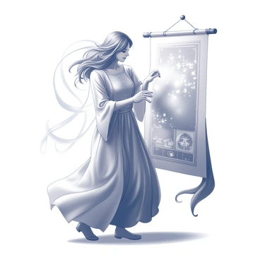 A mythical figure with intricate, flowing robes stands in a dynamic pose. The figure’s hair appears to ripple like water, creating a sense of movement. In their hands, they hold shimmering threads that seem to emanate beams of light. The figure is focused on weaving these threads into a large tapestry, which is partially revealed. The tapestry depicts a series of intricate scenes, each representing a different aspect of the future. Surrounding the figure, hints of ethereal patterns and symbols are visible, suggesting a connection to the mystical. The setting is enigmatic, shrouded in a soft, abstract ambiance.