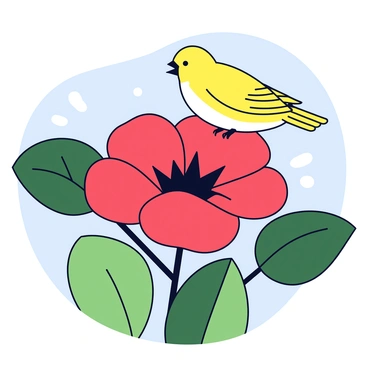 A small bird with bright yellow feathers is perched on a large, vibrant red flower. The petals of the flower have smooth edges and a glossy appearance. Surrounding the flower is a variety of green leaves, some with a dark green shade and others with lighter tones. The leaves have distinct shapes, adding depth to the scene. The background is filled with soft, blurred greenery, enhancing the focus on the bird and the flower.