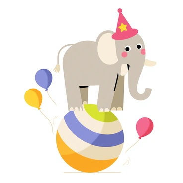 A cartoon elephant balancing on a large colorful ball. The elephant has oversized ears and a cheerful expression. It is wearing a vibrant red circus hat adorned with yellow stars. The ball is decorated with multicolored stripes, and the elephant's feet are positioned firmly on top of it. A few balloons in various colors float in the background, adding to the festive atmosphere.