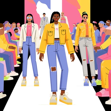 A vibrant fashion show taking place in 1999, with a runway surrounded by an enthusiastic audience. The models are walking confidently, showcasing a blend of 90s styles and futuristic attire. Some models wear high-waisted denim jeans paired with bright, oversized jackets, and chunky sneakers. Others sport metallic fabrics, with sleek, shiny dresses that catch the light. Accessories include colorful hair scrunchies and large hoop earrings alongside futuristic visors and geometric jewelry. The backdrop features bold, colorful graphics typical of the late 90s, adding to the energetic atmosphere of the event.