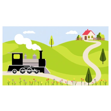 A vintage steam train with a black and silver exterior is chugging along a winding track. The train emits puffs of white smoke from its chimney. The backdrop features rolling green hills dotted with wildflowers in shades of yellow, purple, and red. A clear blue sky overhead reveals a few fluffy white clouds. In the distance, a quaint farmhouse with a red roof can be seen, surrounded by a wooden fence and a garden filled with colorful plants. Trees line the edge of the landscape, providing a serene frame for the scene.