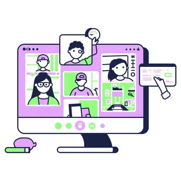 A virtual classroom setup is displayed on a computer screen, featuring multiple students appearing in individual video boxes. Each box showcases a different student, including a young girl with glasses, a boy with a baseball cap, and a girl with long hair tied in a ponytail. The background of each box varies, with one student in a cozy bedroom, another in a kitchen, and another in a decorated study area. Each student looks engaged, with some taking notes and others smiling at the camera. At the bottom of the screen, there is a toolbar with icons for mute, video, and chat options. A teacher's video box is situated at the top center, showing an animated instructor gesturing towards a presentation on a digital whiteboard.