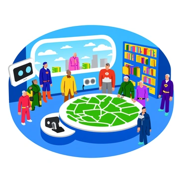 The interior of a superhero headquarters features a large round table at the center, covered with a detailed city map spread out. Various gadgets are positioned around the room, including sleek high-tech devices like a holographic projector and a monitor displaying surveillance feeds. The walls are adorned with superhero suits displayed on mannequins, showcasing bright colors and intricate designs. In one corner, there is a large bookshelf filled with thick books on strategy and technology. Bright lights illuminate the space, highlighting the vibrant colors of the gadgets and map. A window reveals a view of the city skyline in the background.