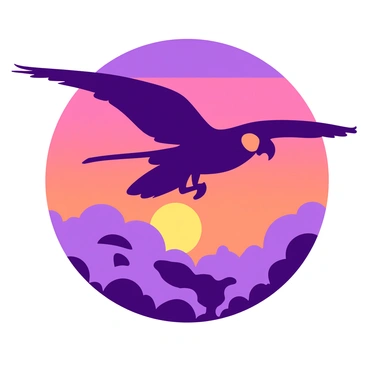 A silhouette of a macaw flying across a vibrant sunset background