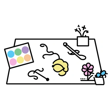 A doormat featuring an array of colorful icons representing different hobbies. There is a painter's palette with vibrant colors, a set of knitting needles and a ball of yarn, and a small watering can with flowers growing beside it. Each icon is clearly defined and arranged harmoniously on the doormat's surface, creating a visual celebration of creativity and leisure activities.