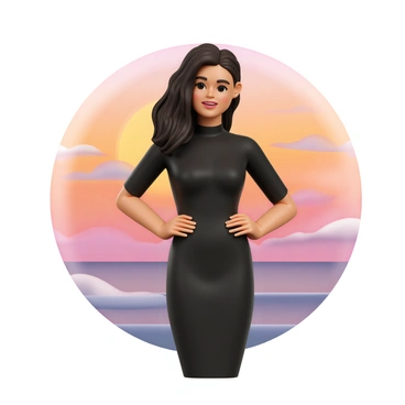 A woman standing confidently with her hands on her hips. She is wearing a fitted black dress that accentuates her figure. The sunset backdrop features vibrant colors of orange, pink, and purple blending together in the sky. The woman's hair is long and flowing, creating a striking silhouette against the bright hues of the sunset. The scene captures the essence of empowerment and strength.