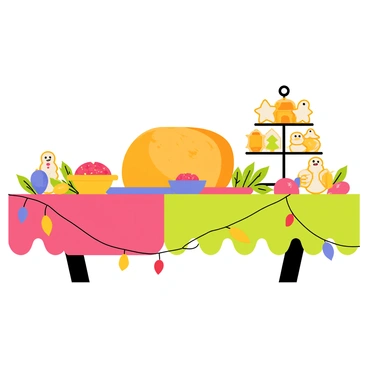 A festive holiday buffet table covered with a bright red and green tablecloth. A large platter of golden-brown roast beef is displayed at the center, surrounded by a small bowl of vibrant red cranberry sauce. Next to these, a tiered stand holds an array of decorated gingerbread cookies in various holiday shapes, such as stars, trees, and snowmen. Colorful string lights are draped along the edge of the table, providing a warm glow to the scene. In the background, decorative holiday ornaments and a few sprigs of holly are visible, enhancing the festive atmosphere.