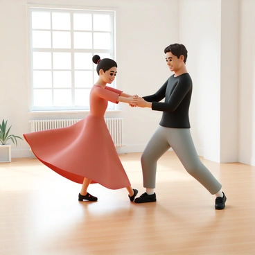 A man, wearing a black fitted shirt, fitted gray pants, and black dance shoes, leads a woman who is wearing a flowing red dress that twirls around her as she moves. They are positioned in the center of a spacious dance studio with large mirrors lining the walls. The studio is well-lit, casting soft shadows on the polished wooden floor. The couple is focused on their routine, with the man guiding the woman gracefully as they practice their steps and turns. The woman's hair is styled in a neat bun, and she is smiling with determination as they dance together.