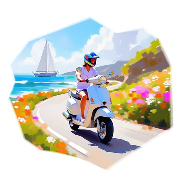 A moped riding along a picturesque coastal road with a view of the ocean