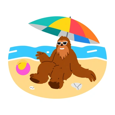 Chewbacca, the tall and furry Wookiee, is sitting on a sandy beach. He is positioned comfortably under a large, colorful beach umbrella that provides shade. The sand around him is fine and golden, with a few scattered seashells nearby. In the background, gentle waves of the ocean can be seen lapping against the shore. Chewbacca is wearing a pair of sunglasses, and he has a relaxed expression on his face as he enjoys his day at the beach. A beach ball is lying on the sand next to him.