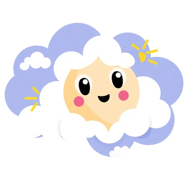 A whimsical face with large, bright eyes and a playful smile appears among fluffy white clouds in a blue sky. The clouds are soft and puffy, varying in size and shape, some resembling cotton candy. Sunshine peeks through the gaps between the clouds, creating highlights and a cheerful atmosphere. The face has rosy cheeks and is surrounded by smaller fluffy clouds that enhance its cheerful expression.
