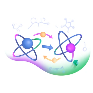 A modern pastel illustration depicting two atoms engaging in a reaction through ionization. One atom, represented as a blue sphere, is losing an electron, illustrated as a small yellow sphere, while the other atom, shown as a red sphere, is gaining that electron. Arrows indicate the direction of electron transfer. Surrounding the atoms are simple representations of chemical bonds and energy levels, featuring lines and circles to illustrate the interaction. In the background, faint outlines of molecules add to the scientific theme.