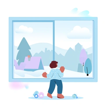 A child stands by a large window, gazing outside with anticipation. The child is wearing a colorful sweater and has their hands pressed against the glass. Outside the window, the landscape is adorned with trees and rooftops, all waiting for the arrival of snow. Fluffy white clouds fill the sky, hinting at the impending snowfall. A gentle glow of soft pastel colors surrounds the scene, adding warmth to the cool atmosphere. A few toys are scattered on the floor nearby, suggesting the child's playful spirit.