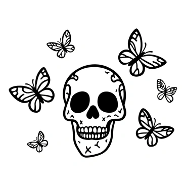 A detailed skull positioned at the center, with intricate patterns carved into the bone. Surrounding the skull are multiple butterflies, each displaying elaborate wing designs. The butterflies are in various sizes, actively flying in different directions around the skull, creating a sense of motion.