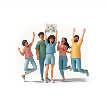 A group of four friends stands together in a bright, open space. One friend, a young woman with curly brown hair, is holding up a colorful drawing, smiling widely. She is wearing a blue t-shirt and denim shorts. The other friends are gathered around her, clapping and cheering. One friend, a tall man with short black hair, is wearing a green shirt and jeans, raising his hands in excitement. Another friend, a woman with long straight hair in a red shirt, is jumping slightly with joy. The last friend, a man with a beard in a yellow shirt, is giving a thumbs up while laughing. The overall atmosphere is lively and celebratory, with bright colors and expressions of happiness.