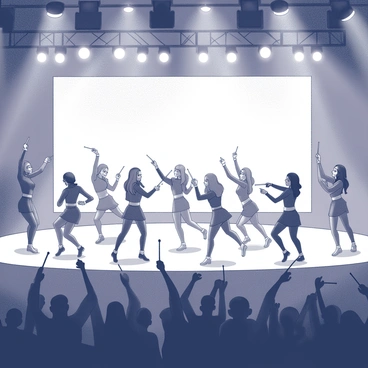 A concert scene featuring an energetic K-pop performance. The stage is filled with multiple dancers showcasing synchronized dance moves. The dancers wear vibrant costumes that reflect a modern style, and they are posed in dynamic positions. Bright lights illuminate the stage, creating a striking contrast with the performers. A large audience can be seen in the foreground, cheering and waving light sticks in excitement. The atmosphere is filled with excitement and movement as the performance unfolds.