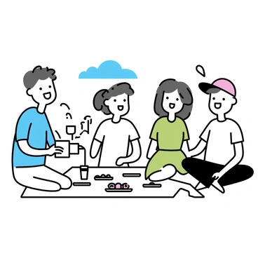 A group of four friends sitting on a picnic blanket in a park. They are laughing together, surrounded by small plates of food and several cups of sake. One friend, wearing a blue shirt, is pouring sake into a cup, while another friend, in a green dress, is leaning back with a smile. The third friend, dressed in a white t-shirt, is playfully nudging the fourth friend, who is wearing a red baseball cap. In the background, there are a few trees and a clear blue sky.