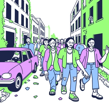 A horde of zombies is shuffling through an abandoned city street. The zombies have tattered clothing, with some wearing ripped jeans and others in decaying jackets. Their skin appears pale and mottled, with some having visible wounds. The street is lined with dilapidated buildings, many with broken windows and overgrown vines creeping up the walls. Trash is strewn across the ground, and a rusty car is partially hidden under a layer of grime. In the foreground, a few zombies are reaching out with one arm, while others shuffle with a vacant expression. The atmosphere is tense, with a sense of desolation permeating the scene.