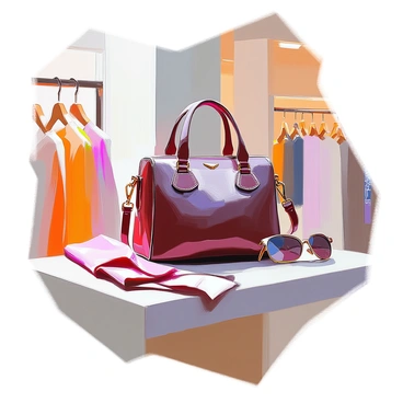 A stylish shoulder bag is displayed prominently on a sleek, modern shelf inside a trendy boutique. The bag is made of rich, textured leather in a deep burgundy color, accented with gold-tone hardware. Nearby, on the shelf, there are a few carefully arranged fashion accessories, including a silk scarf and a pair of sunglasses. The boutique has a contemporary design, with soft lighting highlighting the bag's features, and stylish clothing racks are visible in the background. The overall scene conveys a sense of fashion and elegance.
