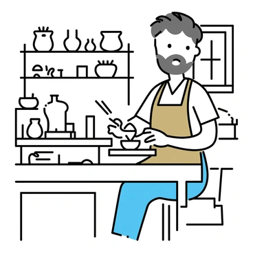 An artisan, a middle-aged man with a beard, is demonstrating his craft skills in a workshop. He is wearing a brown apron over a simple shirt and denim jeans. The workshop is filled with various handmade pottery pieces displayed on wooden shelves. Different tools are scattered on a workbench, including a potter's wheel, sculpting tools, and clay. Light filters through a small window, illuminating the workspace and highlighting the textures of the pottery. The artisan is shaping a piece of clay on the potter's wheel, focused on his task.